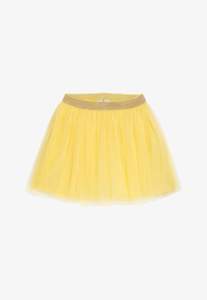 Gelber Tüllrock mit einem goldenen elastischen Bund, der ein mehrlagiges, leichtes und luftiges Design aufweist. Der Stoff hat eine durchscheinende Textur.