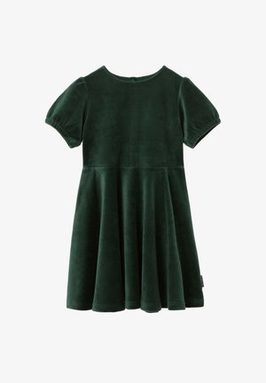 Robe courte en velours vert foncé avec un col rond et une jupe évasée, présentée à plat sur un fond blanc.