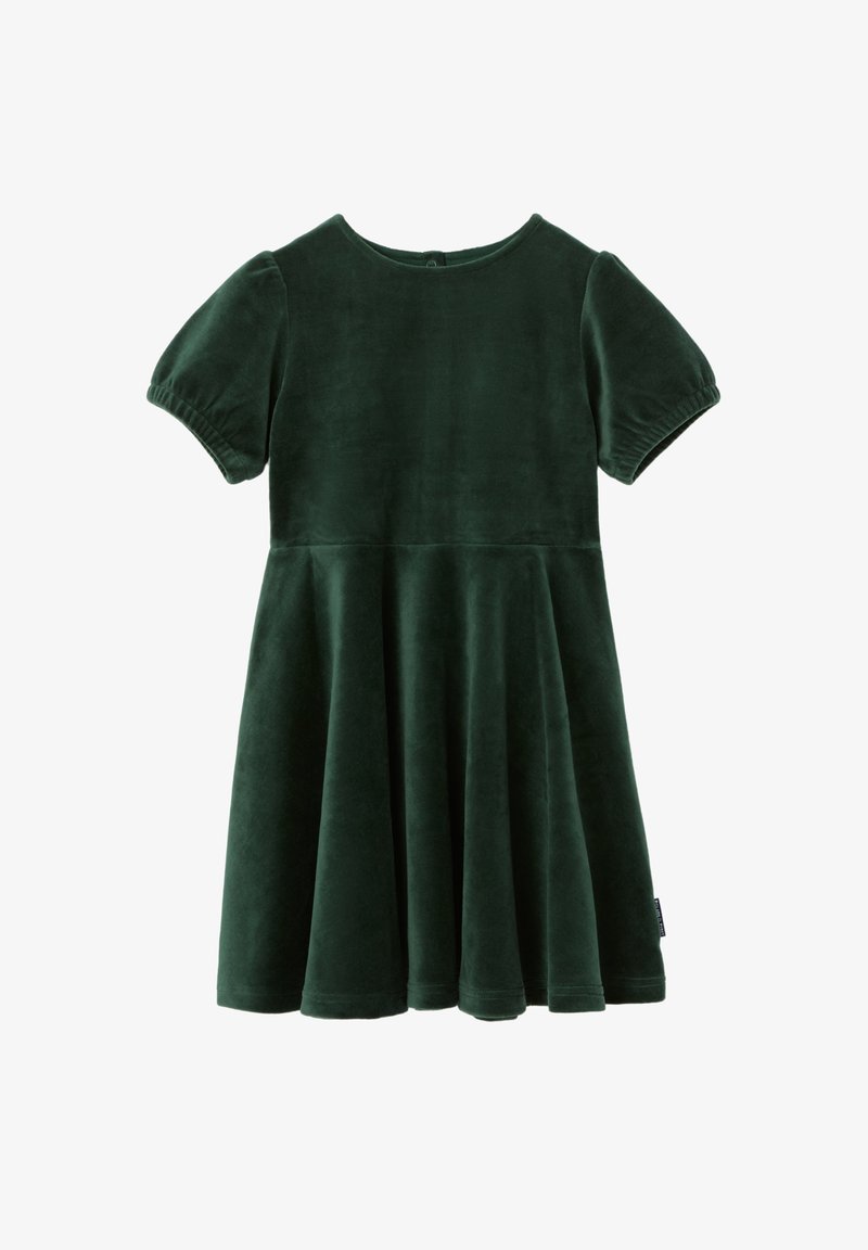Robe courte en velours vert foncé avec un col rond et une jupe évasée, présentée à plat sur un fond blanc.