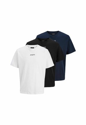 Drie effen crewneck T-shirts in wit, zwart en marineblauw, elk met een klein "aprel"-logo op de borst.