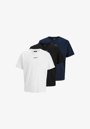 Drie effen crewneck T-shirts in wit, zwart en marineblauw, elk met een klein "aprel"-logo op de borst.