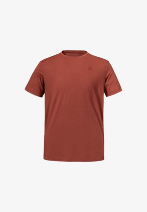 Kurzärmeliges T-Shirt in Rostorange, aus weichem Stoff mit Rundhalsausschnitt; verfügt über ein dezentes Logo in der oberen linken Ecke.