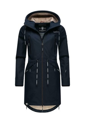 Námorná nepremokavá bunda s kapucňou, zipsovými vreckami, nastaviteľnými šnúrkami a mäkkou vnútornou podšívkou. Obsahuje švy a značkové detaily.