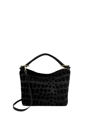 Sac à main noir à motif crocodile, avec poignée courte et bandoulière longue amovible, doté de détails en métal doré.