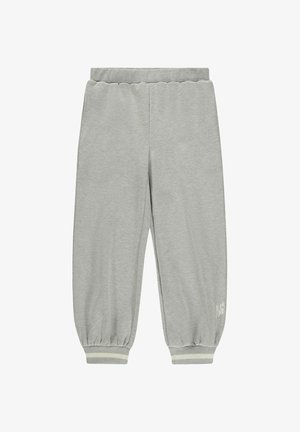 Jasnoszare dresowe spodnie z elastycznym paskiem i ściągaczami, z subtelnymi białymi paskami oraz małym białym logo przy lewej kostce.
