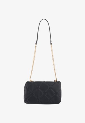 Black quilted leather handbag with embossed pattern, featuring gold chain strap and black leather shoulder pad.