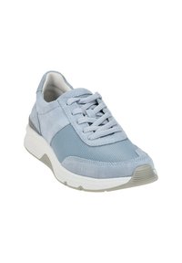 Light blue sneakers featuring a suede and mesh upper, rounded toe, lace closure, and a thick white sole with a textured gray accent.
