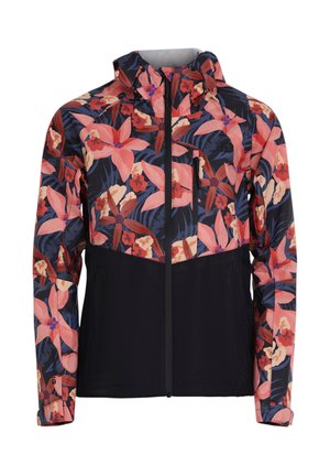 Bunda s květinovým vzorem s růžovými, červenými a béžovými květy na tmavě modrém pozadí, černým spodkem, předním zipem a náprsní kapsou.