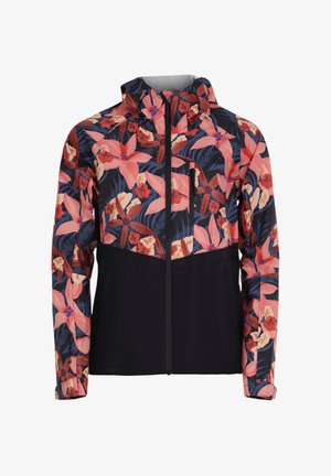 Kukikkaalla kuviolla varustettu takki, jossa vaaleanpunaisia, punaisia ja beigejä kukkia tummansinisen taustan päällä, musta alaosa, edessä vetoketju ja rintatasku.