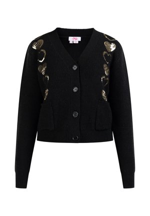 Cardigan noir en tissu tricoté, avec un col en V, six boutons noirs, deux poches avant et des accents en sequins dorés en forme de cœur d'un côté.