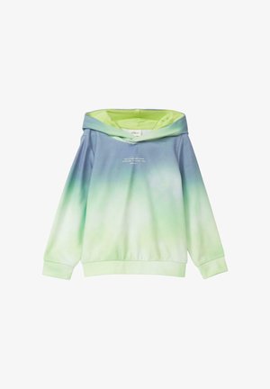 Kapuzensweatshirt mit Farbverlauf von Blau zu Grün. Hergestellt aus weichem Stoff, mit lockerem Schnitt und gerippten Bündchen. Kleines Textdetail auf der Vorderseite.