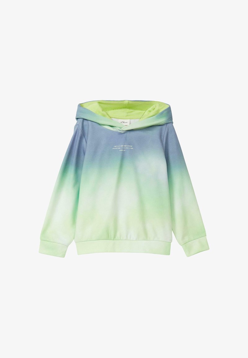 Sweat à capuche avec un dégradé allant du bleu au vert. Confectionné en tissu doux avec une coupe décontractée et des poignets côtelés. Petit texte détaillé sur le devant.