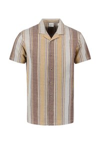 Korte mouwen overhemd met een kraag, voorzien van verticale strepen in bruin, beige en crème. Gestructureerde stof met knoopsluiting aan de voorkant.