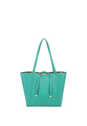 Borsa tote in pelle turchese con manici lunghi, chiusura a coulisse con estremità a forma di cuore dorate e fodera interna con stampa leopardata.
