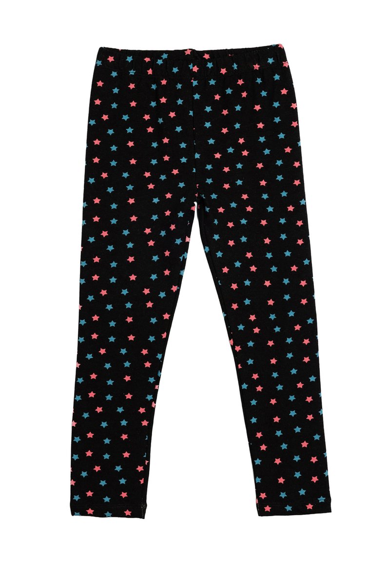 Zwarte leggings met een algehele print van roze en blauwe sterren. Zachte stof met een elastische tailleband voor comfort en pasvorm.