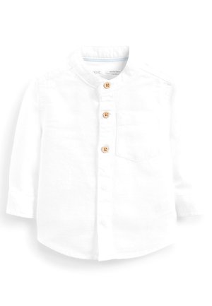 White long-sleeve toddler shirt with wooden buttons, a stand collar, and a single chest pocket on a white background.