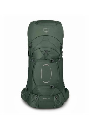 Sac à dos vert robuste avec un design élégant, de multiples boucles, un grand compartiment principal et l'étiquette "Ariel 65" à l'avant.