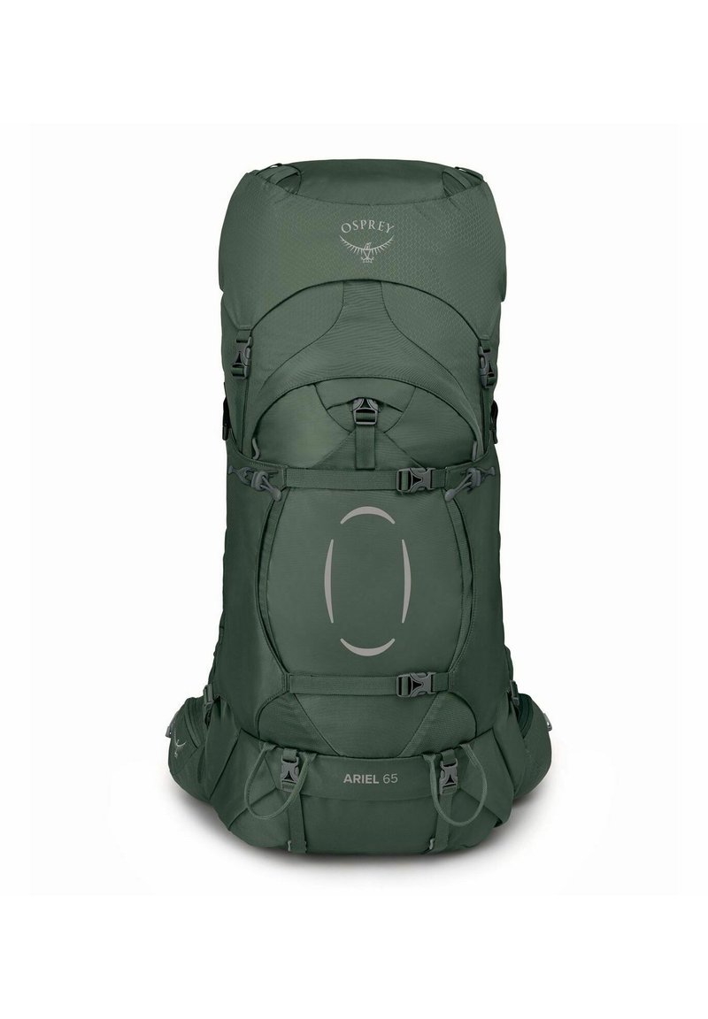 Mochila verde de gran resistencia con un diseño elegante, múltiples hebillas, un gran compartimento principal y la etiqueta "Ariel 65" en la parte frontal.