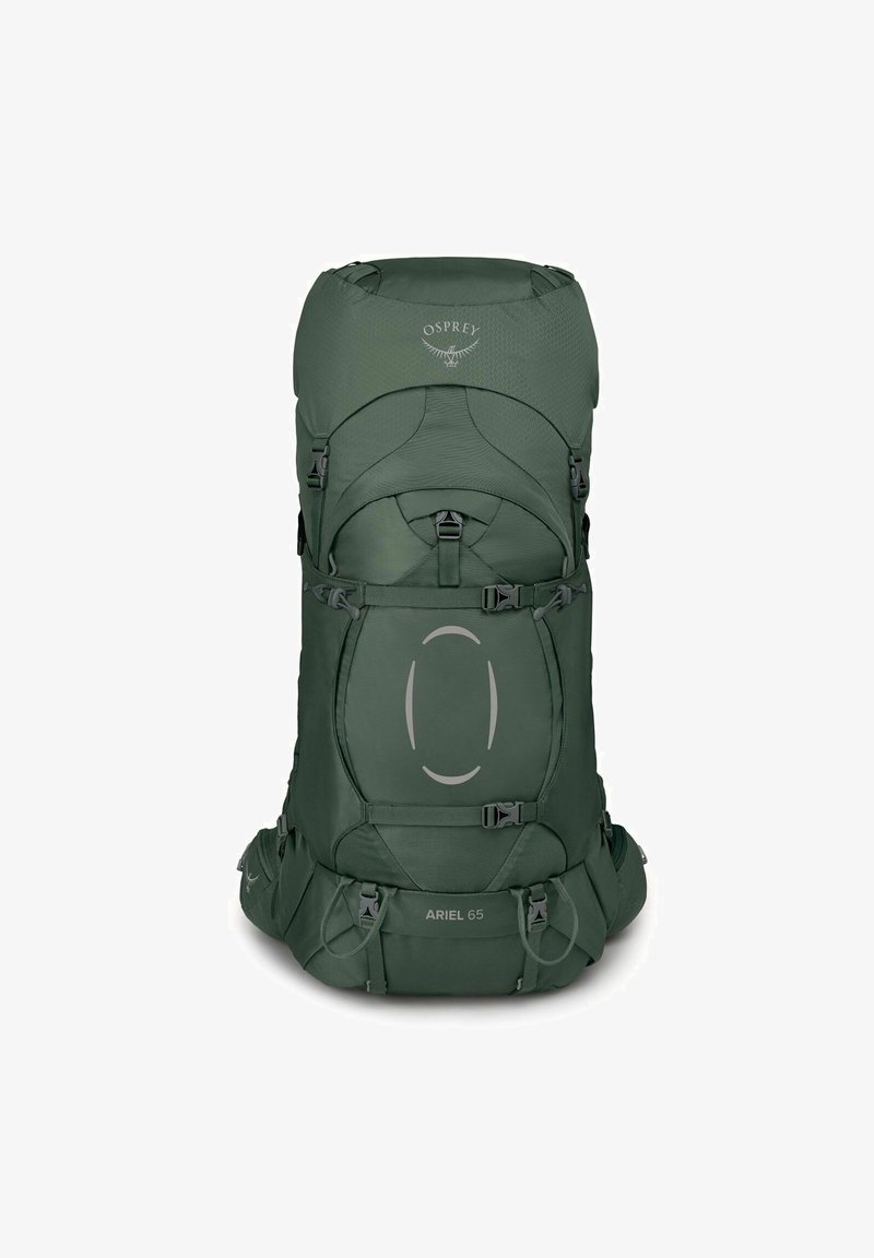 Mochila verde de gran resistencia con un diseño elegante, múltiples hebillas, un gran compartimento principal y la etiqueta "Ariel 65" en la parte frontal.