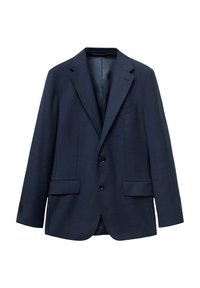 Marineblå blazer lavet af tekstureret stof, med en to-knaps lukning, detajleret krave og to sidelommer. Foret inderside.