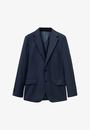 Námornícka modrá blejzer vyrobená z textúrovanej tkaniny, s prednou časťou na dve gombíky, klopovými límcom a dvoma bočnými vreckami. Podšitý interiér.