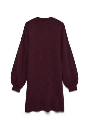 Bordeaux-farbenes Strickkleid mit langen Puffärmeln, rundem Ausschnitt und lockerem Sitz. Mit gerippter Struktur und leicht geschwungenem Saum.