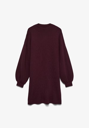 Bordeaux-farbenes Strickkleid mit langen Puffärmeln, rundem Ausschnitt und lockerem Sitz. Mit gerippter Struktur und leicht geschwungenem Saum.
