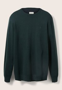 Pull vert foncé à manches longues avec col rond, poignets et ourlet côtelés, portant un petit logo brodé sur le côté gauche de la poitrine.