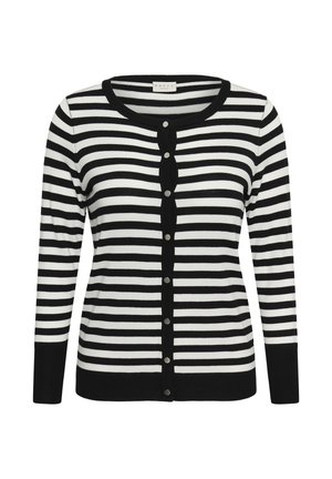 Schwarz-weiß gestreifte, langärmlige Strickjacke mit rundem Ausschnitt und vorderer Druckknopfverschluss.