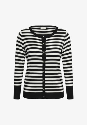 Schwarz-weiß gestreifte, langärmlige Strickjacke mit rundem Ausschnitt und vorderer Druckknopfverschluss.