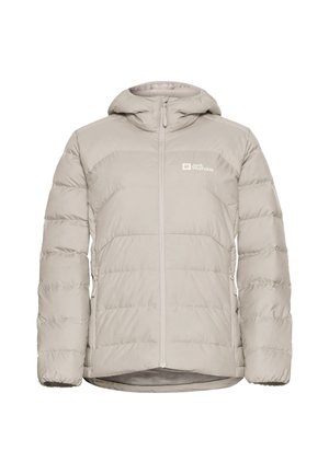 Hellgraue Pufferjacke mit Kapuze. Verfügt über einen vorderen Reißverschluss, zwei seitliche Taschen und ein Logo auf der oberen linken Seite.