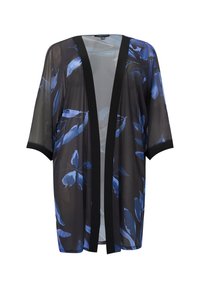 Gennemsigtig sort kimono med blåt blomstermønster, åben front, brede ærmer og sort kant langs udskæringen, der fremviser let vævet tekstur.