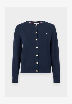 Marineblauer Langarm-Cardigan mit rundem Ausschnitt und goldenen Knöpfen vorne, mit kleinem Tommy Hilfiger Logo auf der Brust.