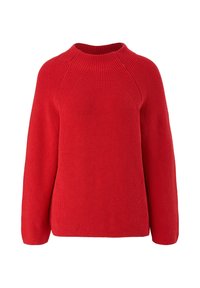 Pull rouge en maille avec manches raglan longues, col montant côtelé et motif en maille texturé sur le devant et les épaules.