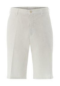 Hellebeige Baumwollshorts mit Knopfverschluss, Fronttaschen und geradem Schnitt, ausgestattet mit einer glatten, strukturierten Oberfläche.