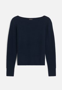 Marineblauer Pullover mit einem breiten, Bootsausschnitt und langen Ärmeln. Hergestellt aus weichem Stoff mit glatter Textur und leichtem Tragegefühl.