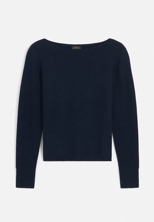Marineblauwe trui met een brede bootnek en lange mouwen. Gemaakt van zacht materiaal met een gladde textuur en een lichtgewicht gevoel.