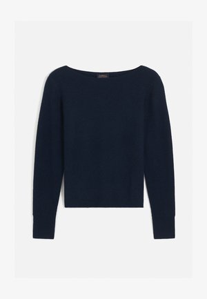 Pullover blu navy con un ampio scollo a barca e maniche lunghe. Realizzato in un tessuto morbido con una superficie liscia e una sensazione leggera.