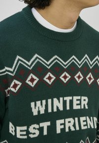 Pull vert foncé en maille avec un motif géométrique blanc et un texte indiquant "WINTER BEST FRIEND". Col rond et finition texturée.