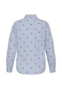 Overhemd met lange mouwen in blauw-wit gestreept patroon, voorzien van kleine rode bloemenborduursels en een klassieke kraag.