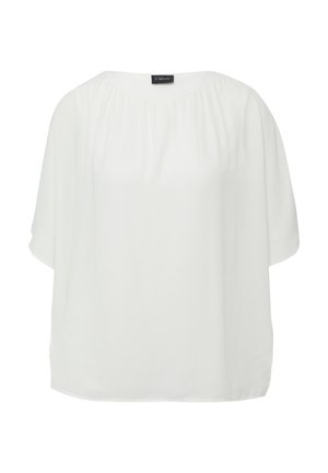Biała luźna bluzka o zaokrąglonym dekolcie i krótkich rękawach, wykonana z lekkiego materiału, z subtelnymi marszczeniami.