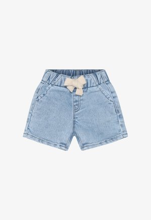 Lichtblauwe denim shorts met een zachte, gestructureerde afwerking, voorzien van een geplooide tailleband, twee zakken aan de voorkant en een crèmekleurige strik als accent.