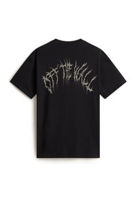 Black cotton t-shirt featuring a prominent, jagged silver "OFF THE WALL" graphic on the back. Short sleeves and a classic crew neck design.