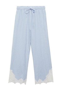 Lichtblauwe en witte gestreepte broek met een elastische tailleband, strikdetail en witte kantafwerking aan de zoom. Losse, wijde pijpen.