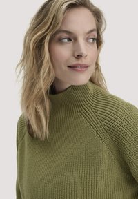 Groene geribbelde gebreide trui met hoge kraag, voorzien van raglanmouwen en een textuurpatroon, weergegeven tegen een neutrale achtergrond.