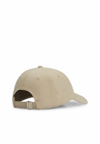 Khaki baseball cap made of cotton, featuring a curved brim, adjustable strap with metal hardware, and ventilation holes. Back view shown.