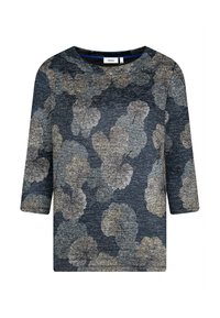 Marineblaues Oberteil mit Dreiviertelärmeln, das ein strukturiertes Blumenmuster in Creme- und Grautönen aufweist. Rundhalsausschnitt und lockere Passform.