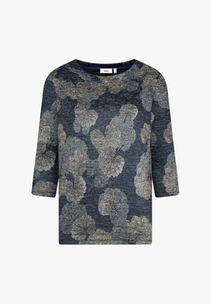 Navy blue top with three-quarter sleeves, featuring a textured floral pattern in shades of cream and gray. Round neckline and relaxed fit.