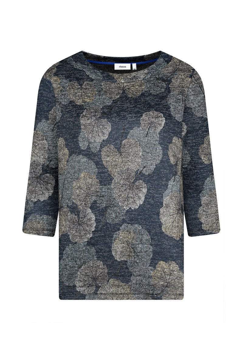 Marineblaues Oberteil mit Dreiviertelärmeln, das ein strukturiertes Blumenmuster in Creme- und Grautönen aufweist. Rundhalsausschnitt und lockere Passform.