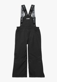 Schwarze isolierte Latzhosen mit verstellbaren Trägern, die graue Markenverzierungen aufweisen. Hergestellt aus glattem, strapazierfähigem Material mit weiten, lockeren Beinen.